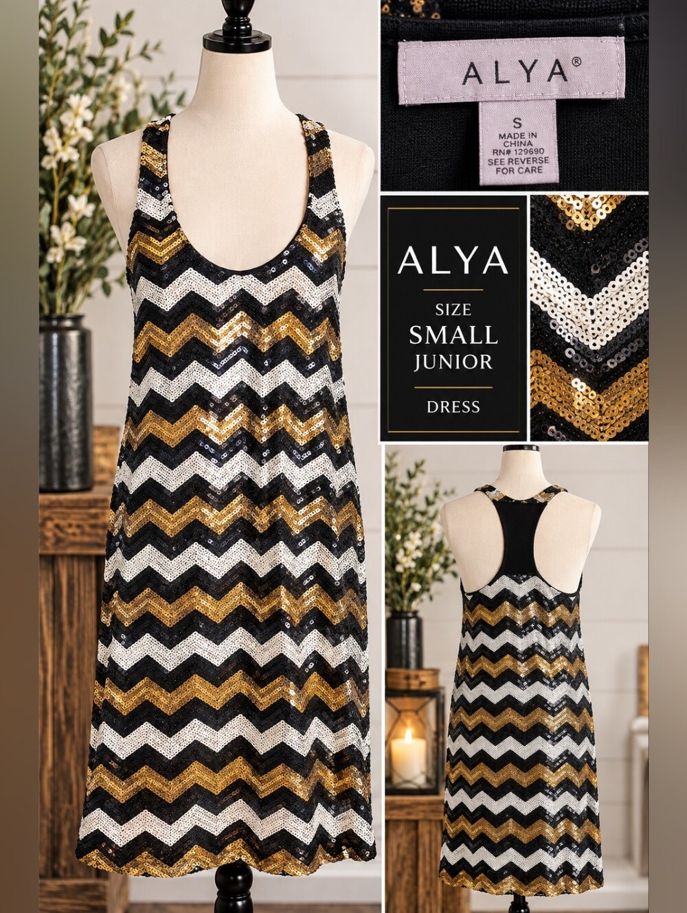 Alya Black, Gold & White Sequin Chevron Racerback Mini Dress